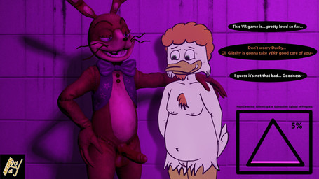 anthro anthro_on_anthro bedroom_eyes casual_erection casual_exposure casual_nudity corruption erection hand_on_shoulder intersex narrowed_eyes nervous seductive shy text aldenyates five_nights_at_freddy's five_nights_at_freddy's:_help_wanted fnaf_vr_help_wanted scottgames aldenyates_(character) glitchtrap anatid anseriform avian bird duck lagomorph leporid mammal rabbit 16:9 3d_(artwork) 4k absurd_res digital_drawing_(artwork) digital_media_(artwork) english_text hi_res widescreen nonbinary_(lore)