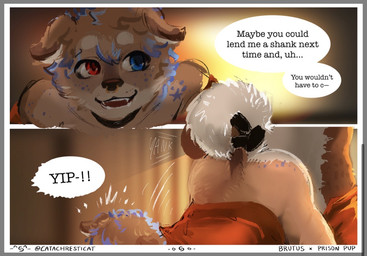 anthro ass_up butt butt_grab comic_panel dialogue duo facial_piercing from_behind_position grabbing grip hand_on_butt heterochromia male male/male nose_piercing piercing prison prison_suit prisoner raised_tail sex tail text yipping catachresticat rylie_(lilryryy) canid canine mammal comic english_text