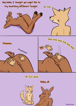 anthro balls butt butt_slap dialogue duo genitals humor male male/male presenting presenting_hindquarters simple_background slap text ravalska poro_alska rav_alska canid canine deer fox mammal absurd_res comic english_text hi_res