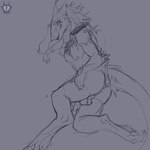 anthro anus balls butt ear_piercing fur genitals hair looking_at_viewer looking_back lying male nipple_piercing nipples nude on_side penis piercing presenting presenting_anus presenting_hindquarters solo tail ruttingstrap mammal sergal 1:1 2022 hi_res monochrome