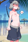 beach beach_chair blush breasts clothed clothing diegetic_signature embarrassed erect_nipples exhibitionism female grey_hair group hair half_naked navel nipples palm_tree plant red_eyes seaside short_hair silhouette small_breasts swimming_trunks swimwear text topless topless_female tree water sukebepicture male_swimwear_challenge touhou nazrin animal_humanoid humanoid mammal mammal_humanoid mouse mouse_humanoid murid murid_humanoid murine murine_humanoid rodent rodent_humanoid absurd_res english_text hi_res