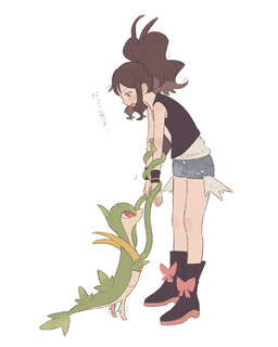 ambiguous_gender anthro blue_eyes blush blush_lines bodily_fluids bottomwear brown_hair clothing duo eyelashes female footwear hair multicolored_body open_mouth plant red_eyes shoes shorts simple_background sweat tail text two_tone_body vines himetya105 nintendo pokemon hilda_(pokemon) generation_5_pokemon human mammal pokemon_(species) scalie servine 2025 hi_res japanese_text