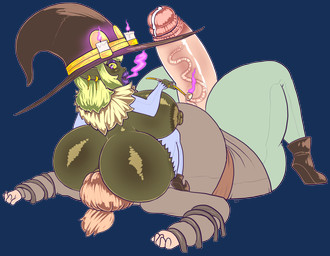 arms_tied auburn_hair belly big_belly big_breasts big_butt big_penis bottomwear bound breasts brown_clothing brown_shirt brown_topwear butt candle clothed clothing colored_fire duo facesitting fire footwear fur_collar genitals green_hair gynomorph hair hat headgear headwear heart_eyes heart_symbol huge_penis hyper hyper_genitalia hyper_penis intersex leggings legwear magic_user male nipples pants penis purple_eyes purple_fire roots shirt shoes shortstack sitting sitting_on_another skimpy smoking smoking_pipe topwear vein veiny_penis witch witch_hat yellow_sclera desbjust aarin_(freamen101) spee'nuf_(desbjust) goblin human humanoid mammal alpha_channel hi_res