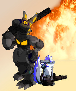 4_ears anthro biped blue_body blue_feathers claws duo feathered_wings feathers gatling_gun grey_body gun machine machine_gun male male/male minigun mohawk multi_ear orange_accents ranged_weapon tail tail_feathers weapon white_body white_feathers winged_arms wings anonymous_artist rogue_emberwing xeno_emberwing avali avian robot synth_(vader-san) 5:6 digital_media_(artwork) hi_res