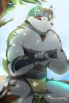 accessory anthro clothing fur headband male multicolored_body multicolored_fur muscular muscular_anthro muscular_male nipples pecs solo white_body white_fur chaseskyver skyverchase lifewonders tokyo_afterschool_summoners horkeu_kamui_(tas) canid canine canis mammal wolf 2018