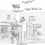 1:1 abandoned abandoned_building black_and_white canid canine canis clothed clothing comic creepy dialogue domestic_dog duo english_text equid equine female fence hi_res hladilnik horse male mammal michelle_(hladilnik) monochrome outside sketch snout standing text will_(hladilnik) zebra