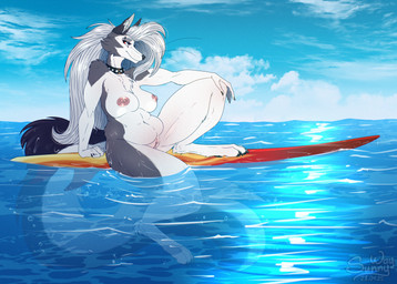 anthro belly breasts chill claws collar female fluffy fur genitals nipples nude paws sea slightly_chubby smile solo surfing thick_thighs vulva water wet sunny_way hellaverse helluva_boss mythology canid canid_demon canine canis demon hellhound mammal mythological_canine mythological_creature wolf hi_res