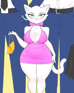 anthro big_breasts biped blush bottomwear breasts clothed clothing dress eyebrows eyelashes female fingers front_view fur green_eyes larger_human larger_male looking_at_viewer male pink_clothing pupils purse short_stack size_difference smaller_female standing tail thick_thighs topwear white_body white_fur kinhey domestic_cat felid feline felis human mammal absurd_res hi_res