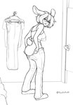 anthro bangs blush bottomwear breasts changing_booth clean_diaper clothed clothes_hanger clothing denim denim_bottomwear denim_clothing diaper door exposed_diaper female furgonomics hair inside jeans lace_topwear long_ears looking_back nipples pants paws pulling_up_pants scut_tail shirt short_tail solo spaghetti_strap tail topwear translucent translucent_clothing translucent_topwear underwear wearing_diaper floofnfluff lagomorph leporid mammal rabbit absurd_res hi_res monochrome signature