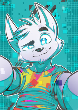 anthro black_nose blue_eyes clothed clothing fur hair looking_at_viewer male solo text white_body white_fur white_hair ratcha cwain canid canine mammal 2021 digital_media_(artwork) english_text hi_res