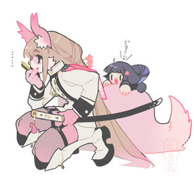 anthro brown_hair chibi duo female femboy fur hair katana long_hair male melee_weapon pink_body pink_fur scabbard sword weapon kazanniro lifewonders tokyo_afterschool_summoners female_protagonist_(tas) protagonist_(tas) tanetomo_(tas) canid canine canis domestic_dog human mammal