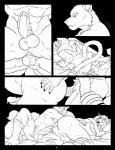abs all_fours anthro anthro_on_anthro balls bandai_namco bed black_and_white bodily_fluids bottomwear canid canine canis clothed clothing comic digimon digimon_(species) doggystyle dorulumon duo erection excited fangs from_behind_position furniture genital_fluids genitals hi_res humanoid_genitalia humanoid_penis male male/male mammal mane monochrome multi_tail muscular muscular_male nude on_bed open_bottomwear open_clothing open_pants pants penis precum sex shorts size_difference small_dom_big_sub tail teeth topless vein wfa wolf