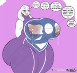anthro big_breasts big_butt blush bodily_fluids boss_monster_(undertale) bovid breasts butt caprine clothed clothing english_text eyewear female fully_clothed fur glasses goat greeting horn huge_breasts huge_butt lactating lactating_through_clothing looking_at_viewer mammal mature_female milk open_mouth smile solo text thewilldpink thick_thighs toriel undertale undertale_(series) wet wet_clothing white_body white_fur