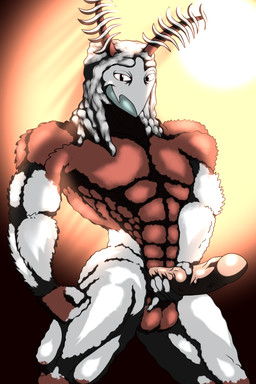 abs antennae_(anatomy) anthro balls big_penis erection genitals glistening looking_at_viewer male muscular muscular_anthro muscular_male pecs penis simple_background smile solo vein saesar arthropod insect lepidopteran moth 2:3 hi_res