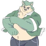 anthro bare_chest belly bulge clothing eyebrows fur green_body green_fur jacket male musclegut muscular shirtless solo thick_eyebrows topwear jinnta4014 lifewonders live_a_hero mokdai canid canine canis domestic_dog mammal hi_res