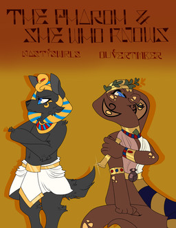 anthro apode blue_eyes clothing crossed_arms decorative_scarab duo egyptian egyptian_clothing egyptian_headdress female gold_(metal) gold_jewelry headdress jewelry legless male male/female neck_collar pharaoh royalty scroll serpentine simple_background snake_hood text zoopalzzzz egyptian_mythology middle_eastern_mythology mythology hemetre osorkon anubian_jackal canid canine canis draconcopode jackal mammal naga reptile scalie snake absurd_res comic cover cover_art cover_page english_text hi_res