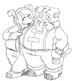 4_eyes 6_arms accessory antenna_wire anthro arm_around_shoulders blush blush_lines bodily_fluids bottomwear breasts clothing duo eyebrows fangs female footwear gloves hair_accessory hairclip handwear horn jacket long_sleeves machine male male/female mouthless multi_arm multi_eye multi_limb narrowed_eyes obese obese_anthro obese_male overweight overweight_anthro overweight_female overweight_humanoid overweight_male pants poking poking_belly scarf shoes short_tail suspenders sweat sweatdrop tail teeth topwear winking_at_another ultimadmt kirby_(series) nintendo susie_(kirby) taranza arachnid arthropod humanoid robot robot_humanoid spider spidr 2026 hi_res monochrome sketch