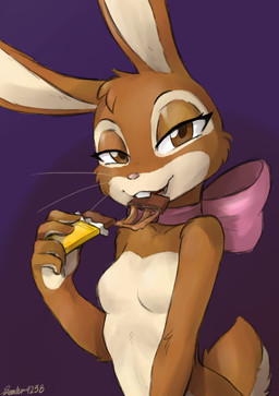 5_fingers anthro biped breasts brown_body brown_eyes brown_fur brown_tail butt candy chocolate countershade_fur countershade_torso countershading dessert featureless_breasts female fingers food front_view fur holding_food holding_object looking_at_viewer mascot nude nude_anthro nude_female open_mouth open_smile simple_background small_breasts smile solo standing tail teeth tongue sealer4258 cadbury cadbury_bunny lagomorph leporid mammal rabbit 2025 absurd_res digital_drawing_(artwork) digital_media_(artwork) hi_res