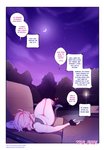absurd_res ambiguous_gender anthro bench bottomless cellphone clothed clothing comic dialogue digital_media_(artwork) electronics english_text frenky_hw hair hi_res hiro_(frenky_hw) lying male_(lore) mammal moon night on_back outside phone pink_body pink_hair shaded star text