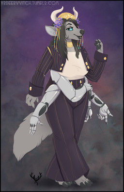 4_fingers 6_arms accessory anthro biped black_border black_hair black_nose blue_eyes border bottomwear breasts clothed clothing female fingers flower flower_in_hair fully_clothed hair hair_accessory horn multi_arm multi_limb pants plant prosthetic prosthetic_arm prosthetic_limb purple_flower solo standing text deervvitch mammal species_request 2018 character_request url
