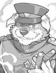 anthro cigar clothed clothing hat headgear headwear looking_at_viewer male military_uniform simple_background smile smoke smoking solo uniform rpbbw anothereidos_of_dragon_vein_r gordov canid canine canis domestic_dog mammal monochrome