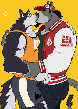 affectionate anthro arm_around_another arm_around_back arm_around_partner arm_around_shoulder arm_grab athlete barazoku basketball_jersey basketball_shorts basketball_uniform biceps big_muscles big_pecs black_body black_clothing black_facial_hair black_fur black_goatee black_hair black_shirt black_tank_top black_topwear blue_body blue_bottomwear blue_clothing blue_fur blue_jeans blue_pants blue_shirt blue_tank_top blue_topwear bottomwear clothing denim denim_bottomwear denim_clothing duo eyes_closed facial_hair football_player french_kissing fur goatee grey_body grey_bottomwear grey_clothing grey_fur grey_shorts hair hand_on_arm hat headgear headwear holding_another holding_arm holding_partner jacket jeans jock kiss_on_lips kissing letterman_jacket love male male/male manly multicolored_body multicolored_fur muscular muscular_anthro muscular_arms muscular_male muscular_thighs orange_background orange_clothing orange_shirt orange_tank_top orange_topwear pants pecs red_clothing red_hat red_headwear red_jacket red_topwear shirt shorts simple_background sportswear standing tail tank_top thick_arms thick_thighs topwear uniform white_body white_clothing white_fur white_hat white_headwear white_jacket white_topwear kraiton13 asinus canid canine canis donkey equid equine mammal wolf absurd_res hi_res
