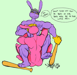 3_toes 5_fingers anthro baseball_bat baseball_cap bat_(object) clothing dominant dominant_male duo feet fellatio fingers genitals hand_on_head hat headgear headwear looking_down male male/male muscular muscular_male nude_male oral penile penis purple_body sex submissive submissive_male teasing text threatening toes yellow_sclera sxnackx glitch_productions the_amazing_digital_circus evil_jax_(tadc) jax_(tadc) lagomorph leporid mammal rabbit 2026 english_text hi_res
