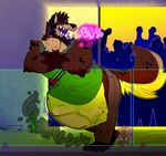 ambiguous_gender ambiguous_prey anthro anthro_pred beard belly big_belly bodily_fluids bottle burping container facial_hair fluffy fluffy_tail glass hair imprint internal male male_pred party partying rumbling_stomach sliding_door squirming tail vore wildside background_character wild_(wildside) hyena mammal 2024 watermark