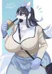 anthro big_breasts breasts chest_tuft clothed clothing container cup drinking_straw female fur hair holding_container holding_cup holding_object huge_breasts kemono looking_at_viewer simple_background solo tuft lemoco ookami-chan_(kim_3022) canid canine canis mammal absurd_res hi_res