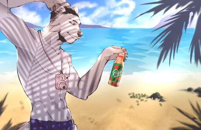 abs anthro athletic beach beverage black_hair black_nose blue_clothing bottle bottomwear camera camera_strap cheek_tuft clothing container countershade_ears countershading facial_tuft fur gradient_fur hair hand_behind_head lemonade male palm_leaves pecs seaside shorts smile smiling_at_viewer solo tuft volchok_(brand) white_body white_fur mude fujifilm lun_(lunerman) bear mammal polar_bear ursine absurd_res hi_res