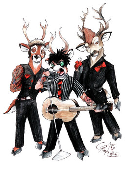 acoustic_guitar alternate_species alternative_fashion anthro anthrofied antlers black_hair black_nose bottomwear brown_body brown_eyes brown_fur brown_hair clothed clothing electronics fur furrification green_eyes group guitar hair hooves horn male microphone musical_instrument necktie open_mouth pants parody playing_guitar playing_music plucked_string_instrument punk shirt simple_background string_instrument tail tongue topwear white_background rimpala green_day billie_joe_armstrong mike_dirnt tre_cool deer mammal signature