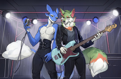 anthro blue_body clothed clothing dipstick_tail duo electric_guitar electronics eyewear fluffy fluffy_tail fur glasses green_body green_fur guitar lens_flare male markings microphone microphone_stand musical_instrument neck_tuft playing_guitar playing_music plucked_string_instrument stage stage_lights string_instrument tail tail_markings tail_tuft topless topless_anthro topless_male tuft wearing_glasses white_body white_fur stira canid mammal scalie digital_media_(artwork) hi_res