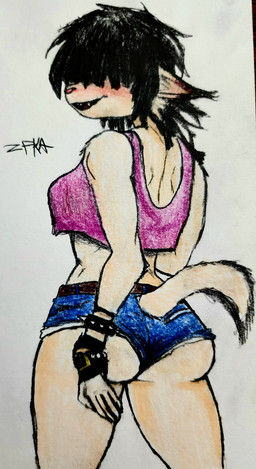 ambiguous_gender bangs black_hair bottomwear bracelet butt clothing crop_top denim denim_bottomwear denim_clothing denim_shorts hair intersex jewelry rear_view shirt shorts topwear zfka animal_humanoid canid canid_humanoid canine canine_humanoid fox_humanoid humanoid mammal mammal_humanoid absurd_res hi_res