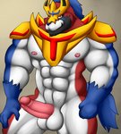 abs anthro anthrofied armor balls big_muscles black_body black_fur blue_body blue_fur blue_nose erection fur genitals headgear huge_muscles humanoid_genitalia humanoid_penis looking_at_viewer male mostly_nude muscular muscular_anthro muscular_male nipples pecs penis pink_nipples pink_penis pokemorph red_body red_fur solo white_balls yellow_eyes thevillager nintendo pokemon crowned_shield_zamazenta generation_8_pokemon legendary_pokemon pokemon_(species) zamazenta