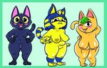 anthro beverage big_breasts blue_hair bodily_fluids breasts claws fangs female food genitals group hair juice_(beverage) lactating looking_at_viewer nipples nude orange_body orange_juice pussy short_stack slightly_chubby slightly_chubby_female smile teeth wide_hips yellow_body bigshieldgardna animal_crossing nintendo ankha_(animal_crossing) kiki_(animal_crossing) tangy_(animal_crossing) domestic_cat felid feline felis food_creature mammal hi_res