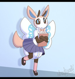 ambiguous_gender antennae_(anatomy) anthro back_wings blue_bottomwear blue_clothing blue_inner_ear blue_pupils blue_skirt blush blush_lines book bottomwear brown_antennae brown_arms brown_clothing brown_footwear brown_legs brown_sclera brown_shoes clothed clothing collared_shirt crossed_arms diaper diaper_under_clothing diaper_under_skirt footwear fur glistening glistening_eyes heart_symbol holding_book holding_object insect_wings lepidopteran_wings mary_janes neck_bow on_one_leg pink_body pink_clothing pink_ears pink_footwear pink_fur pink_socks pink_tail pupils school_uniform shirt shoes simple_background skirt socks solo standing tail text topwear uniform wearing_diaper white_body white_clothing white_fur white_shirt white_topwear wings shadyadi abena nintendo pokemon kate_the_sylvombee eeveelution generation_6_pokemon generation_7_pokemon hybrid hybrid_pokemon pokemon_(species) ribombee sylveon 2025 artist_name hi_res letterbox signature