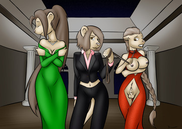 animal_genitalia anthro balls big_breasts bottomwear braided_hair braided_ponytail breastless_clothing breasts cleavage clothed clothing collar crotchless_clothing dress ear_piercing eyebrows eyes_closed facial_piercing female fully_sheathed furgonomic_piercing furgonomics gem genital_piercing genitals grey_hair group gynomorph hair head_turned ineffective_clothing inside intersex jewelry leash leash_pull lip_piercing long_hair looking_at_viewer navel navel_piercing necklace night nipple_piercing nipples pants pearl_(gem) pearl_necklace piercing ponytail self_hug sheath sheath_piercing smile standing star suit supporting_breasts teeth trio danaume felid lion mammal pantherine sibling_(lore)