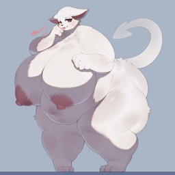 3_toes anthro belly big_breasts black_eyes breasts butt curvy_figure ears_down feet female fur glistening glistening_body glistening_fur grey_background half-closed_eyes huge_breasts hyper hyper_breasts monotone_body monotone_fur narrowed_eyes nipples overweight overweight_anthro overweight_female pink_nipples pivoted_ears raised_tail simple_background small_head solo spade_tail standing tail thick_thighs toes voluptuous white_body white_fur wide_hips cyan_asdf domestic_cat felid feline felis mammal 1:1 hi_res