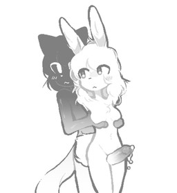 anthro big_penis bodily_fluids dripping duo female genital_fluids genitals humanoid_genitalia humanoid_penis leaking_precum male male/female penis precum precum_drip sex thigh_sex mikel2m kiana_samudera felid feline lagomorph mammal monochrome