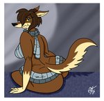 anthro big_butt blue_eyes border breasts brown_body brown_fur butt clothed clothing female fur hair looking_at_viewer looking_back narrowed_eyes nude pose simple_background smile solo thick_thighs white_border yellow_sclera unclescooter lucy_lupa canid canine canis mammal wolf 2017 digital_media_(artwork) pinup