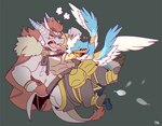 anthro back_wings beak blue_body blue_feathers border brown_body brown_scales carrying_another carrying_person chaps duo eyewear feathers flying grey_border hair male mantle muscular muscular_male orange_hair pecs scales shoulder_pads sunglasses tail_hair white_body white_feathers yellow_eyes 1boshi ichiboshi49_k anothereidos_of_dragon_vein_r mythology barboros_(anothereidos_r) dion_(anothereidos_r) accipitrid accipitriform avian bird dragon eagle mythological_creature mythological_scalie scalie