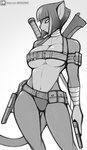 anthro armed belt blade bob_cut breast_squish breasts cleavage clothed clothing egyptian female gun handgun magazine_(gun) military panties pistol pouches ranged_weapon shell_(projectile) shotgun shotgun_shell simple_background solo squish straps under_boob underwear weapon marik_azemus34 jazlyn domestic_cat felid feline felis mammal 2022 hi_res monochrome sketch