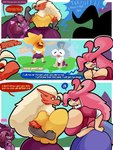 absurd_res anthro avian big_breasts bird blaziken blue_eyes blush breasts cleavage clothed clothing comic dialogue digital_media_(artwork) english_text feebas female fingers fish generation_3_pokemon generation_4_pokemon ghost group hair hi_res huge_breasts huge_thighs kiss_the_carrot malpo_(kiss_the_carrot) marine milotic mismagius nintendo open_mouth pink_hair pokemon pokemon_(species) red_body red_eyes sashi_(kiss_the_carrot) shaded sky small_waist smile spirit tery_(kiss_the_carrot) text thick_thighs torchic wasp_waist wide_hips