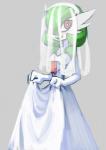 2016 blush breasts bride calmnivore clothed clothing conditional_dnp dress female gardevoir generation_3_pokemon green_hair grey_background hair looking_at_viewer nintendo not_furry open_mouth pokemon pokemon_(species) red_eyes simple_background small_breasts smile solo wedding_dress wedding_veil white_body white_skin
