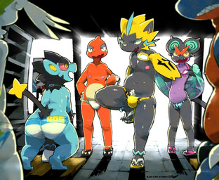 anthro anthrofied belly black_body black_fur blue_body bulge butt clothed clothing eyewear footwear fur goggles goggles_around_neck group kemono male moobs navel nipples orange_body pokemorph purple_body red_body red_eyes sandals shoes slippers speedo swimming_goggles swimwear tail topless topless_male underwear white_body white_fur yellow_body yellow_eyes yellow_fur moesouna_gomi nintendo pokemon charmeleon gabite generation_1_pokemon generation_4_pokemon generation_6_pokemon generation_7_pokemon legendary_pokemon luxray noivern pokemon_(species) shaymin sky_forme_shaymin zeraora