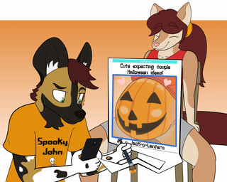 accessory anthro belly big_belly black_body black_fur bodypaint bottomwear brown_body brown_fur brush cellphone chair clothed clothing duo electronics eyes_closed female fur furniture gradient_background hair hair_accessory hair_tie holding_brush holding_cellphone holding_object holding_paintbrush holding_phone holding_smartphone holidays jack-o'-lantern male male/female multicolored_body multicolored_fur narrowed_eyes on_chair orange_background paintbrush painting_body phone pink_nose ponytail pregnant pregnant_anthro pregnant_female pumpkin_belly raised_clothing raised_shirt raised_tank_top raised_topwear red_hair romantic romantic_couple shirt shorts simple_background sitting sitting_on_chair smartphone smile smiling_at_viewer t-shirt tail tail_motion tailwag tank_top text text_on_clothing text_on_shirt text_on_topwear tied_hair topwear white_body white_fur zenzzohyr halloween dustin_(zenzzohyr) sasha_(zenzzohyr) african_wild_dog canid canine mammal 2023 animated english_description english_text hi_res story story_in_description