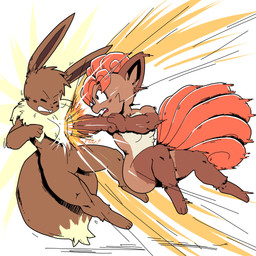 3_fingers abs angry anthro attack black_nose blush blush_lines breasts brown_body brown_fur brown_nose chest_tuft countershade_torso countershading duo eyebrows eyelashes eyes_closed female fight fingers fire fluffy fluffy_tail fur hair jumping long_ears long_tail male midair motion_lines multi_tail muscular muscular_female muscular_male neck_tuft onomatopoeia open_mouth orange_body orange_fur orange_hair pain screaming short_hair simple_background size_difference smaller_male sound_effects sparkles tail tan_body tan_fur text thick_thighs tongue tuft tuft_ears white_background white_tongue jisito nintendo pokemon flori_(jisito) inti_(jisito) eevee generation_1_pokemon pokemon_(species) vulpix 1:1 hi_res