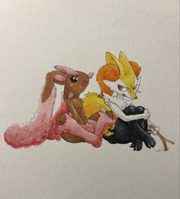 3_fingers 3_toes ambiguous_anthro ambiguous_gender anthro arm_tuft biped black_body black_claws black_fur black_sclera brown_body cheek_tuft chest_tuft claws cute_fangs digitigrade duo facial_tuft fangs featureless_crotch feet fingers floppy_ears front_view fur hip_tuft holding_object holding_stick inner_ear_fluff looking_at_another looking_up lop_ears multicolored_body multicolored_fur nude_ambiguous nude_anthro open_mouth open_smile orange_body orange_eyes orange_fur orange_inner_ear_fluff orange_nose pink_body pink_eyes pink_fur pointy_ears prick_ears shoulder_tuft simple_background sitting smile stick tail tapering_snout teeth three-quarter_view toe_claws toes tongue tuft white_background white_body white_fur yellow_body yellow_fur yellow_tail stuffmadebymelol nintendo pokemon braixen canid generation_4_pokemon generation_6_pokemon lagomorph lopunny mammal pokemon_(species) shiny_pokemon colored hi_res marker_(artwork) shaded traditional_media_(artwork)