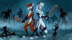 anthro blood bodily_fluids breasts butcher_knife casual_nudity cemetery dried_blood duo ears_up female floppy_ears fog grin holidays knife leaf nails night plant rust smile tombstone tree weapon multyashka-sweet halloween canid canine mammal undead zombie 16:9 widescreen