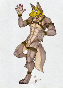 abs animal_genitalia animal_mask anthro balls blue_eyes collar fangs fingerpads fully_sheathed fur genitals gesture glistening glistening_eyes green_harness grey_body grey_fur harness looking_at_viewer male male_anthro mask muscular muscular_anthro muscular_male open_mouth pawpads pecs pup_mask red_pawpads sheath simple_background solo standing tan_balls tan_body tan_fur tan_sheath teeth waving waving_at_viewer white_background yellow_collar yellow_pup_mask hufnaar canid canine mammal 2020 dated hi_res